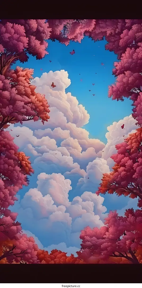 Pink Tree Branches Frame a Blue Sky with White Clouds and Butterflies