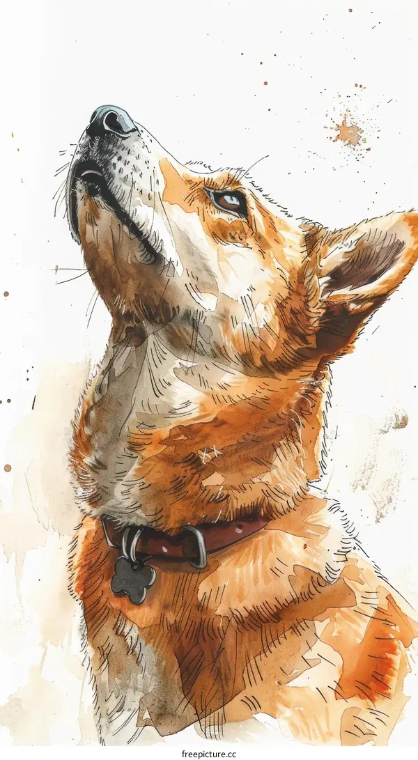 Watercolor painting of a dog looking up