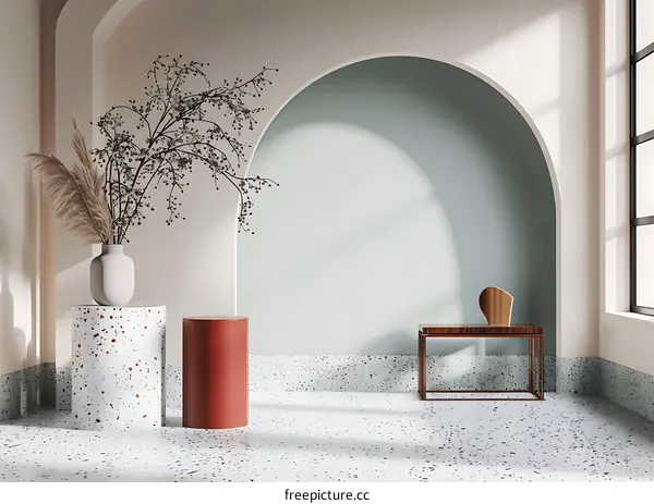 Minimalist Interior Design with Archway and Terrazzo Flooring