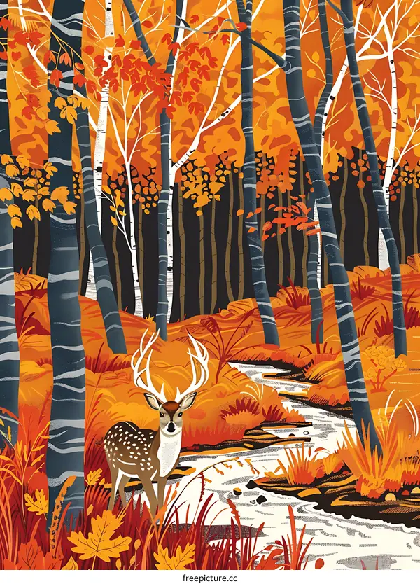 Autumn Forest Illustration with a Deer Standing by a Stream