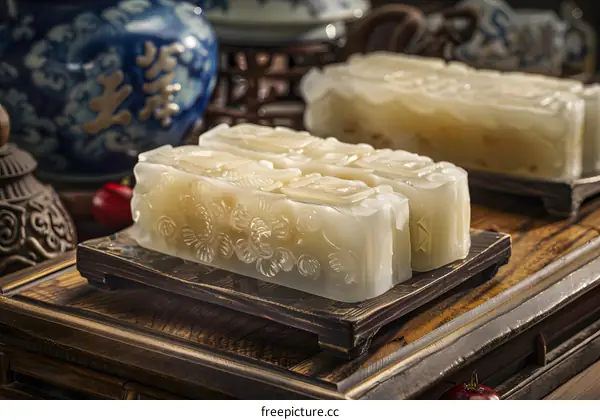 Carved Jade Stone on Wooden Stand