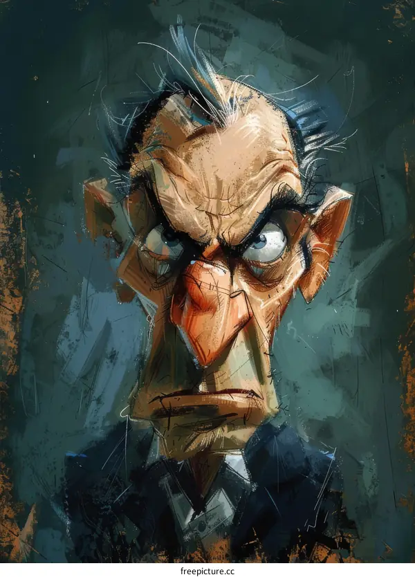 A digital painting of an old man with a stern expression on his face.