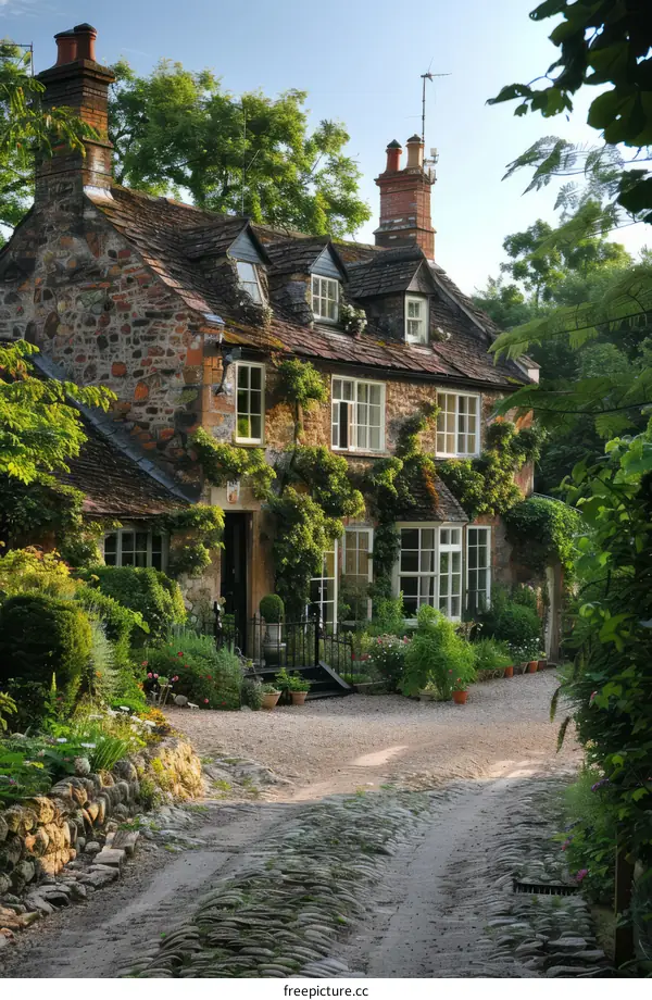 Stone Cottage Garden with Blooming Flowers