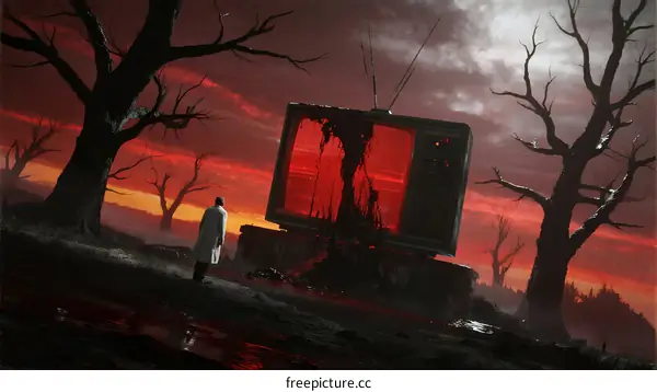 A mysterious figure stands before a broken TV in a blood-red twilight forest