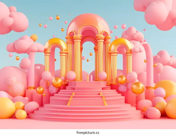 Abstract 3D Illustration of a Golden Archway with Pink Clouds and Balls