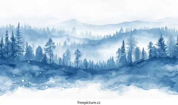 Blue watercolor landscape of mountains and pine trees