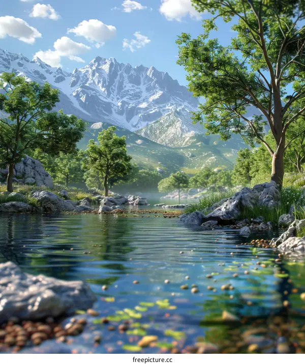 Tranquil Mountain Lake with Sky and Clouds