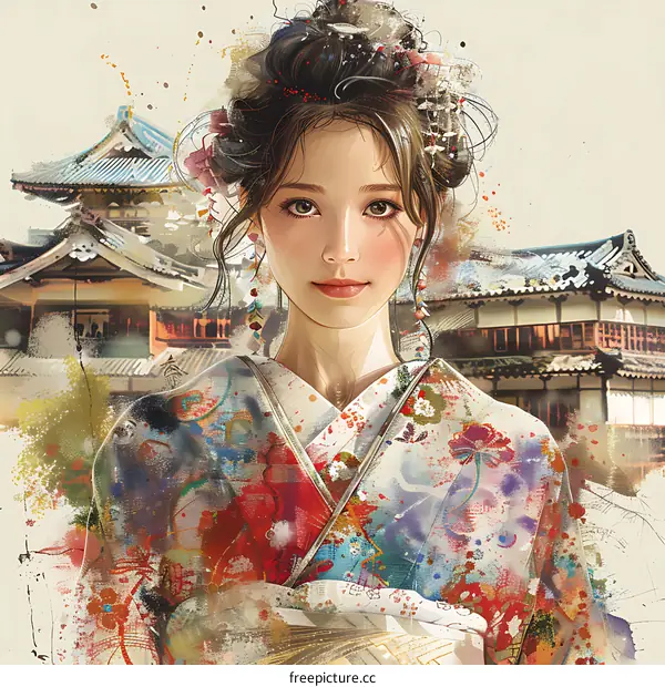 An Asian woman in a kimono standing in front of a traditional Japanese house.