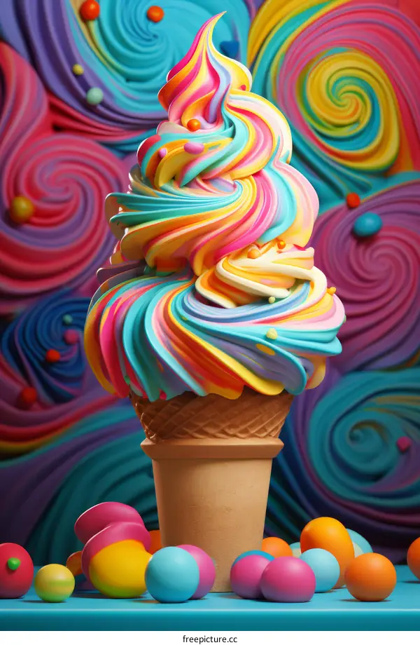 Rainbow ice cream cone with rainbow sprinkles on a blue table