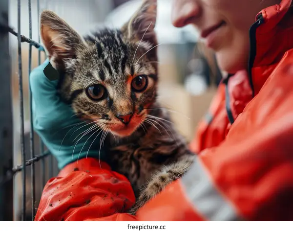 rescuer holding a kitten in an animal shelter