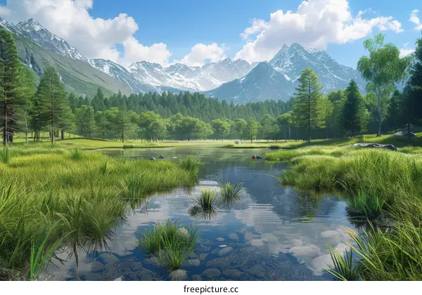 Serene Mountain Lake and Lush Green Field Landscape
