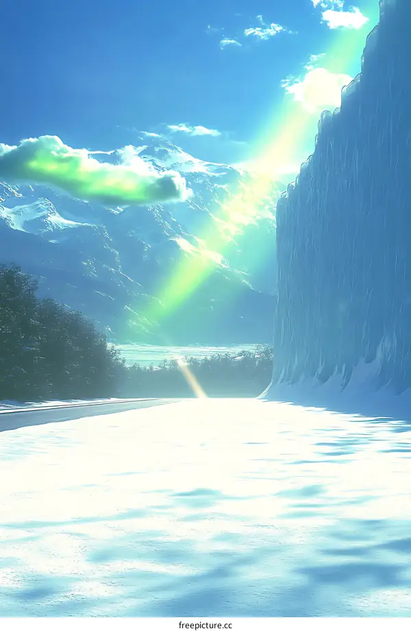 Snowy Landscape With Mountain Range And Blue Sky