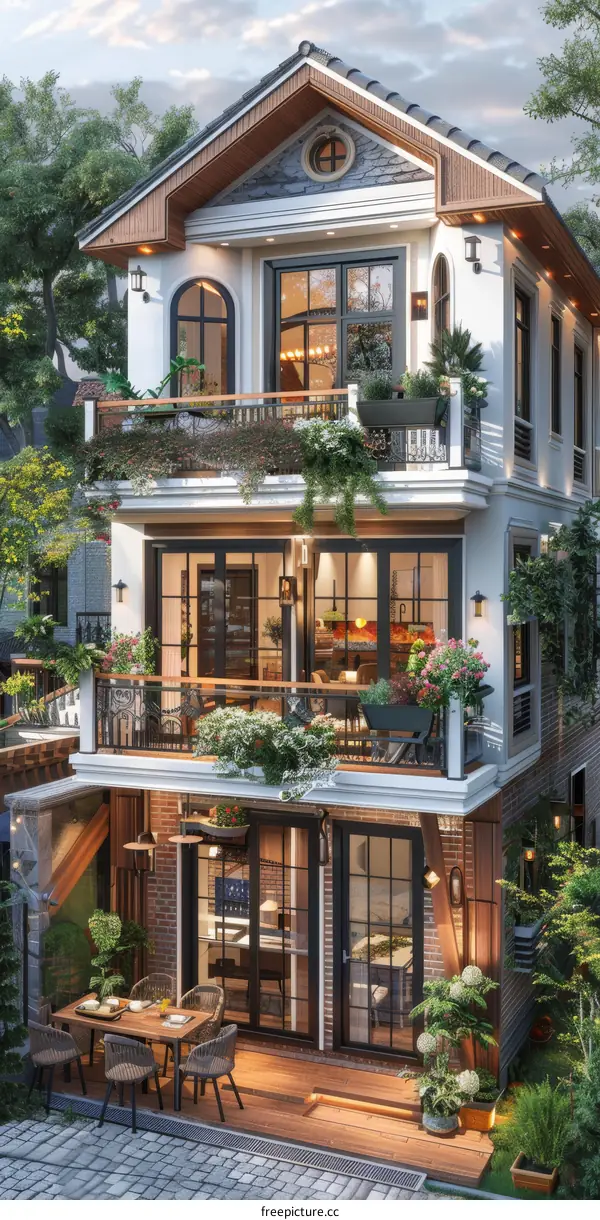 European style two-story house with brick and white walls and a large balcony with plants