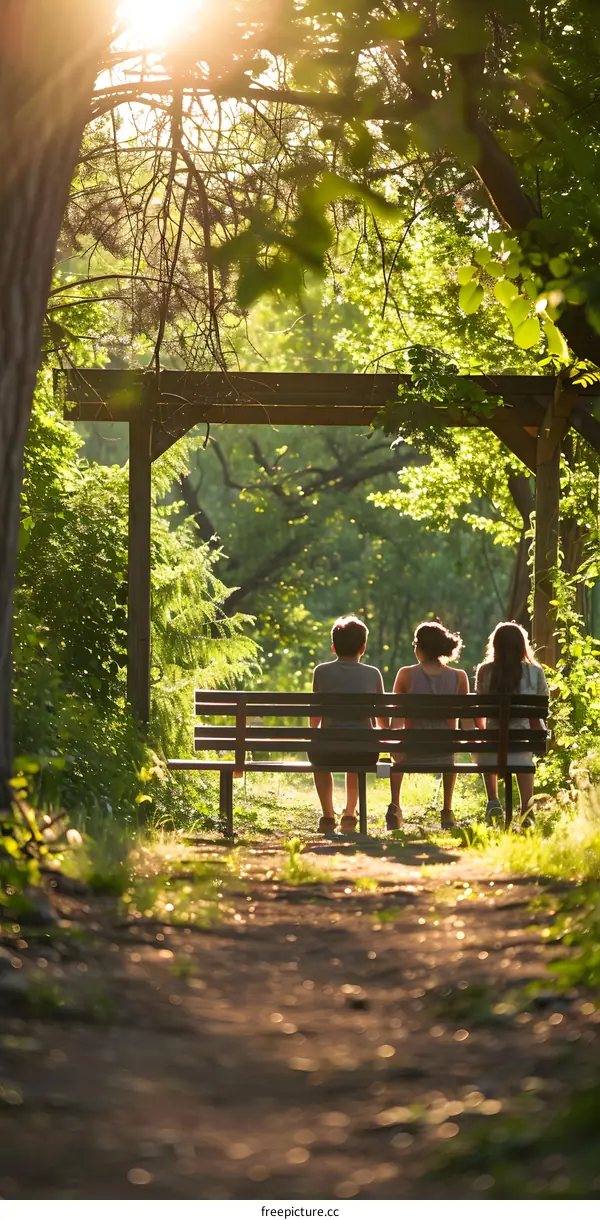 Three People Sitting On A Bench In The Forest During Golden Hour