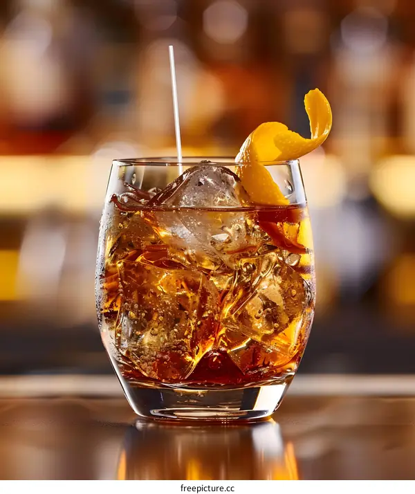 Closeup of a Glass of Iced Cocktail with Orange Peel Garnish