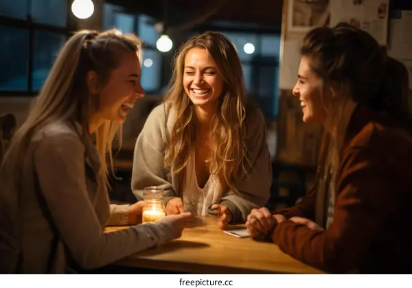 Three young women laughing and talking at a bar