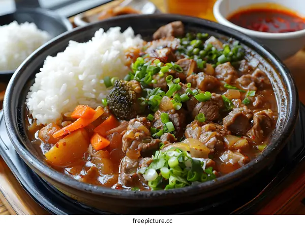 Korean food dolsot bibimbap with rice, beef, and vegetables