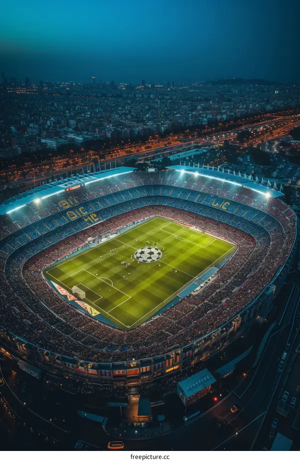 Aerial view of Camp Nou stadium during a football match at night