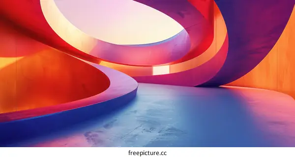 Modern architecture with curved walls and colorful lighting