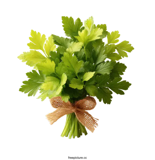 [Transparent Background PNG]Fresh Parsley Bunch Tied with Burlap Ribbon
