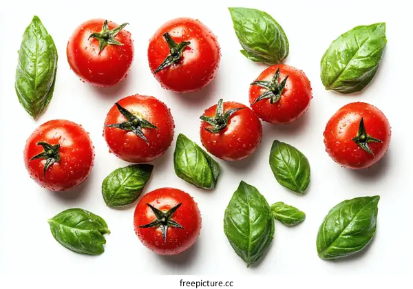 Fresh Tomatoes and Basil Arrangement on White Background