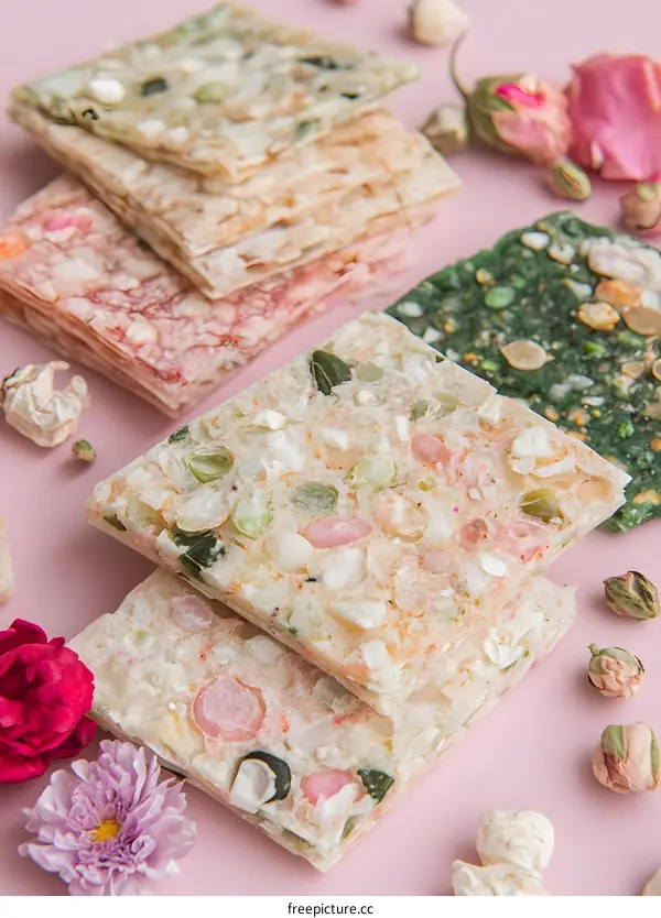 Close up of Colorful Rice Crackers with Dried Flowers on Pink Background