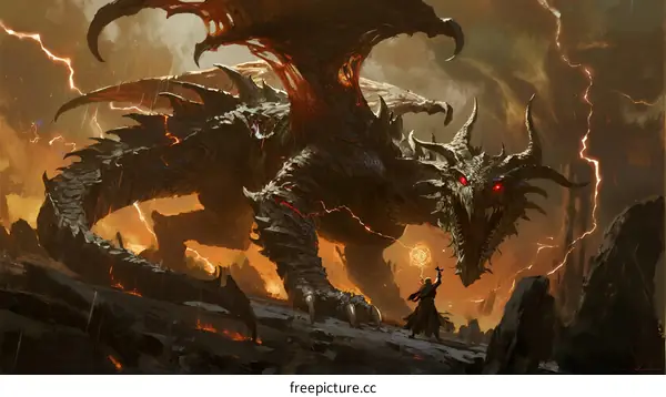 Epic Battle Between Mage and Ancient Fire Dragon in Lava Field