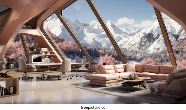 futuristic home office with a stunning mountain view