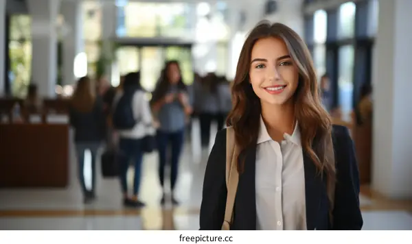 Confident young female college student smiling on campus