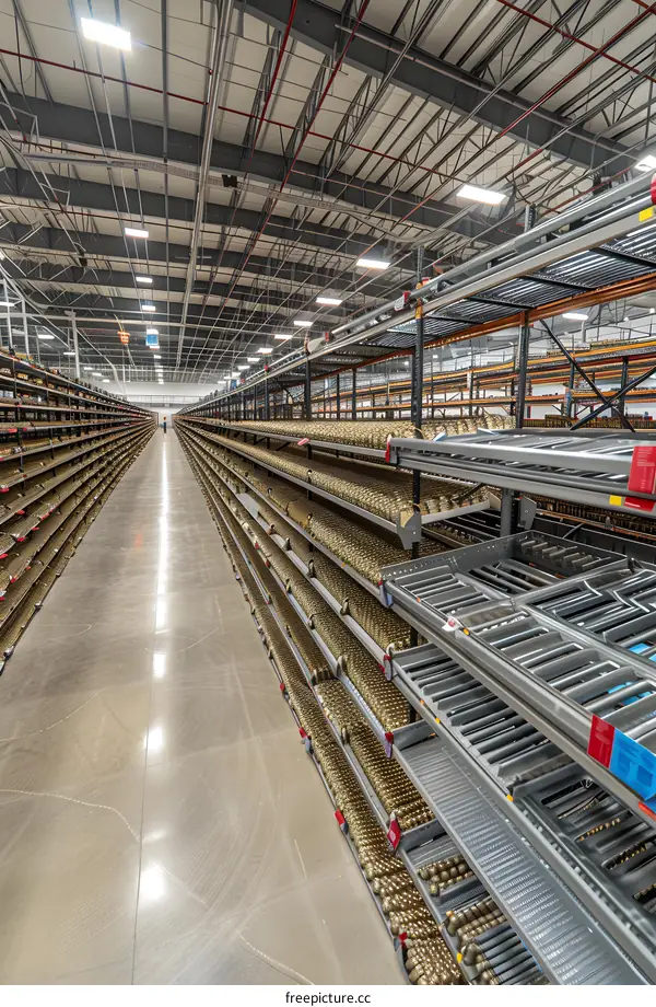 Warehouse with Rows of Shelving and Golden Fittings