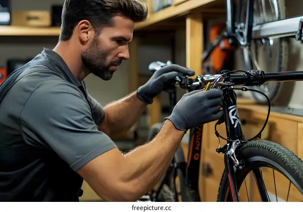 Man Working on a Bike in a Workshop