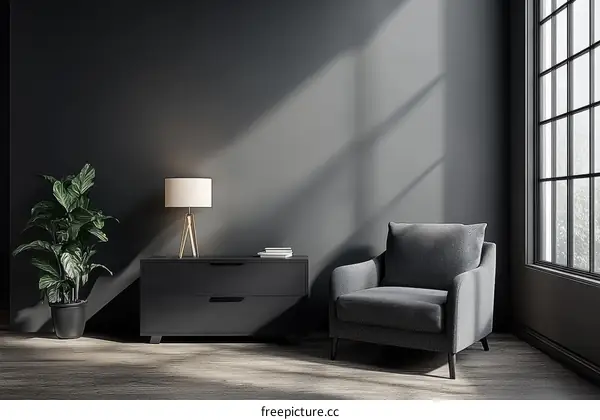 Modern Dark Interior Design with Chair and Lamp
