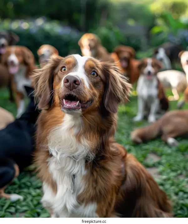 An adorable Australian Shepherd puppy sits by a group of dogs
