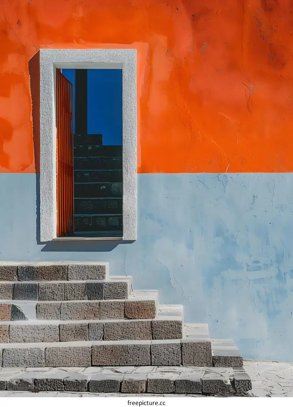 Orange and Blue Building with Open Door and Steps