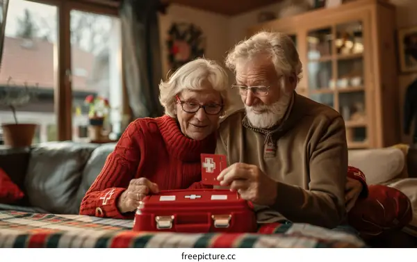 Senior couple looking at a first aid kit