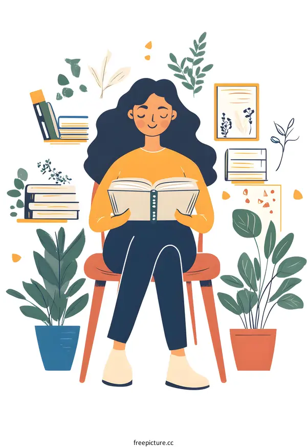 Woman Reading Book in a Chair Surrounded by Plants