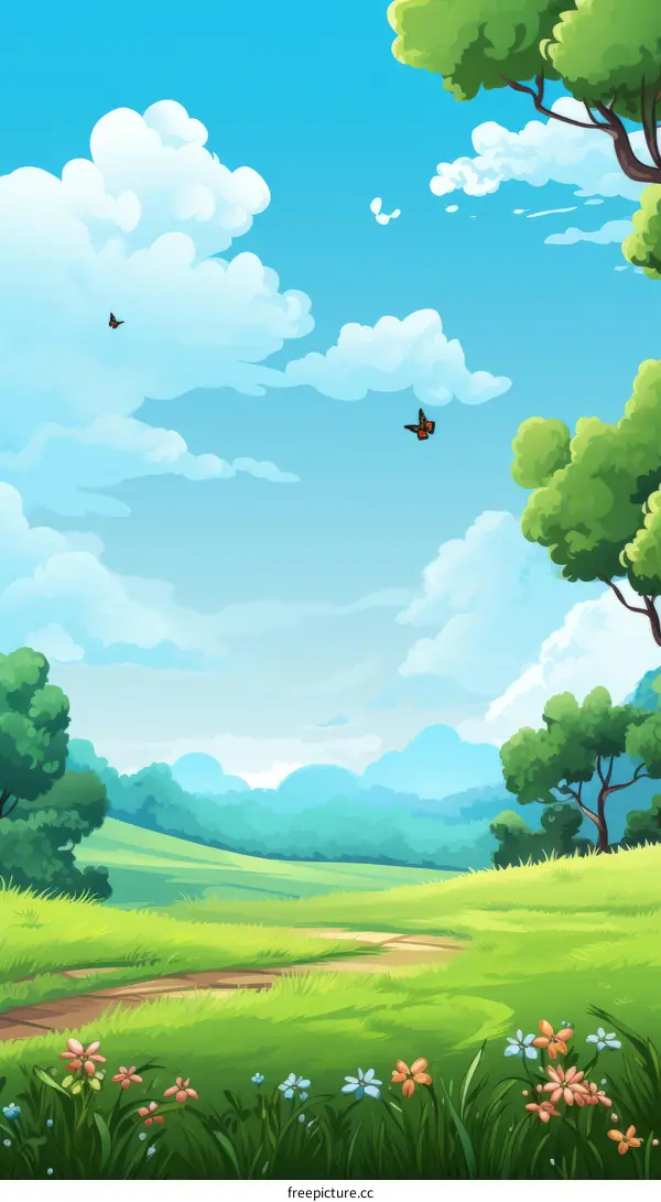 Cartoon illustration of a green field with a blue sky and white clouds