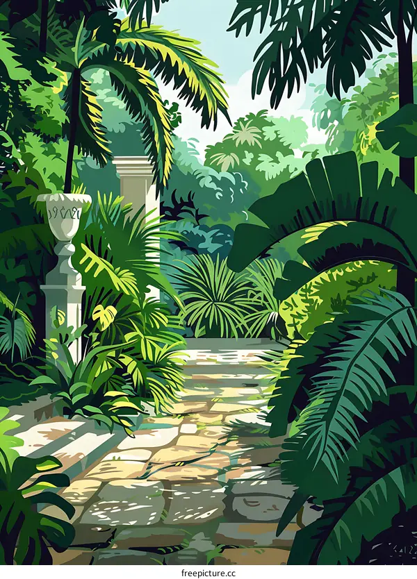 Stone Pathway in Lush Tropical Garden