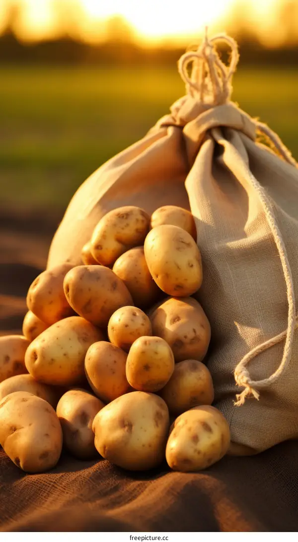 A burlap sack full of potatoes spilled on the ground