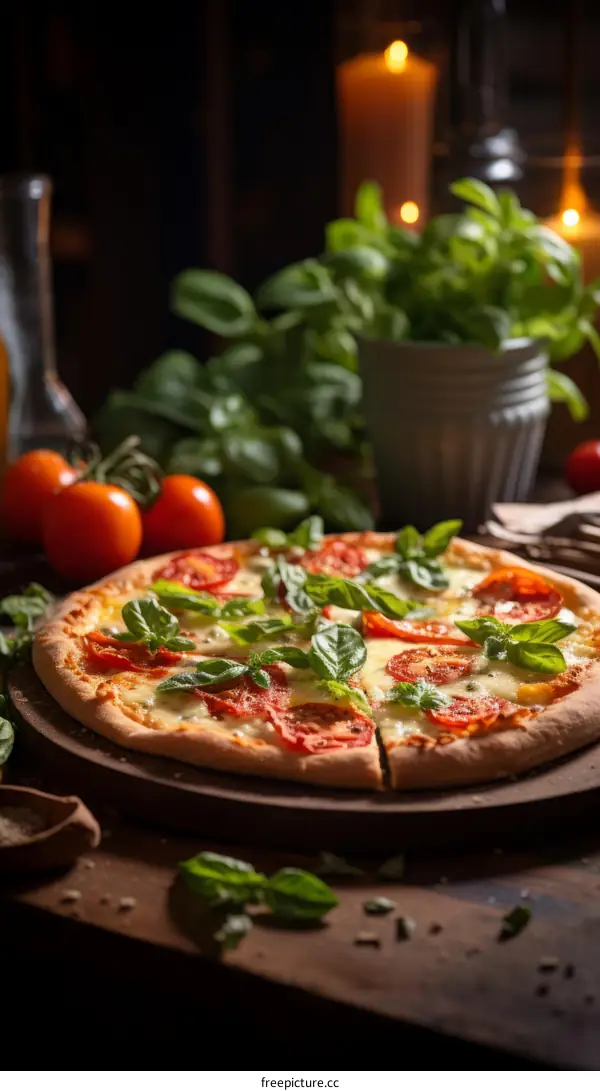 Close-up of a delicious pizza with fresh basil