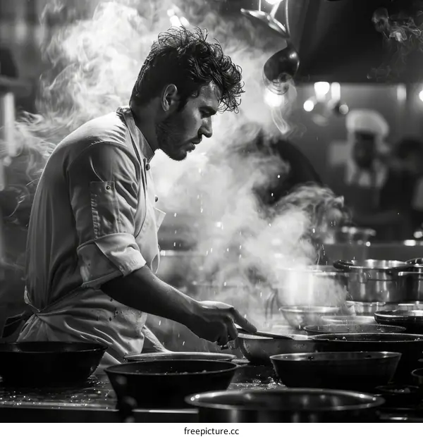 Black and white photo of a chef in a professional kitchen