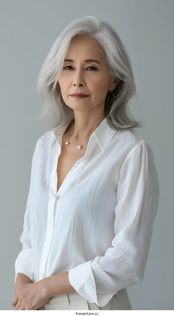 portrait of an Asian woman with gray hair