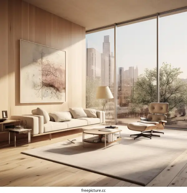 Modern living room interior with large windows and city view