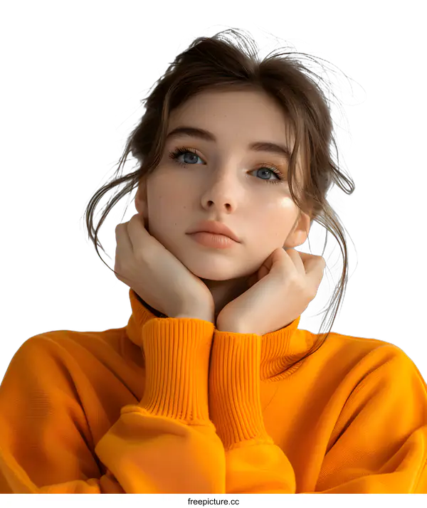 [Transparent Background PNG]portrait of a young woman in an orange sweater
