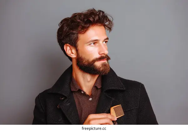Stylish Man with a Beard in a Black Coat