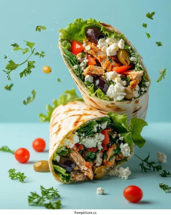 Delicious and healthy Mediterranean wrap with chicken, fresh vegetables and feta cheese