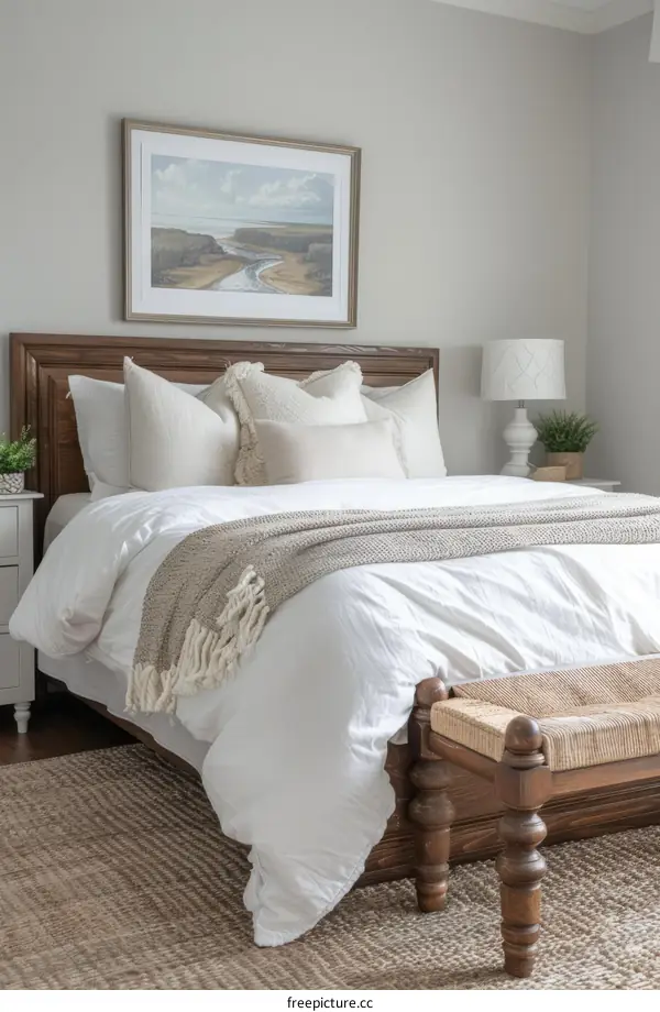 Neutral Master Bedroom with White Bedding and Wood Accents