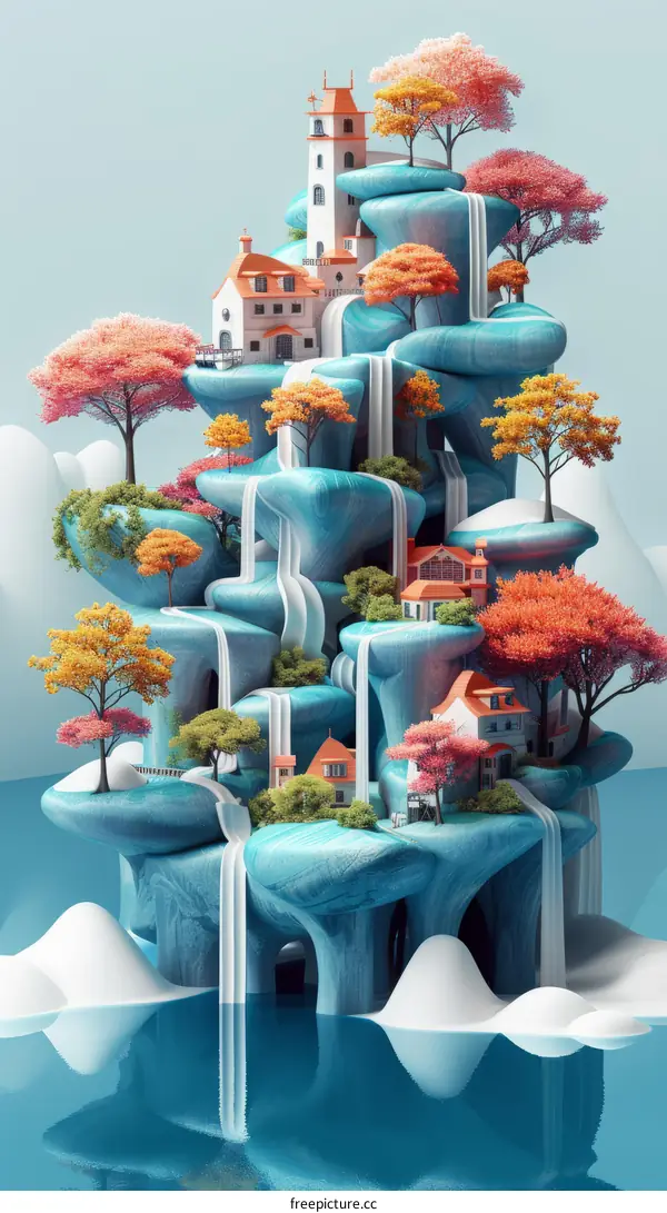 A beautiful illustration of a rocky landscape with waterfalls and houses