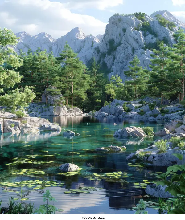 Serene Mountain Lake with Rocky Shoreline and Lush Forest
