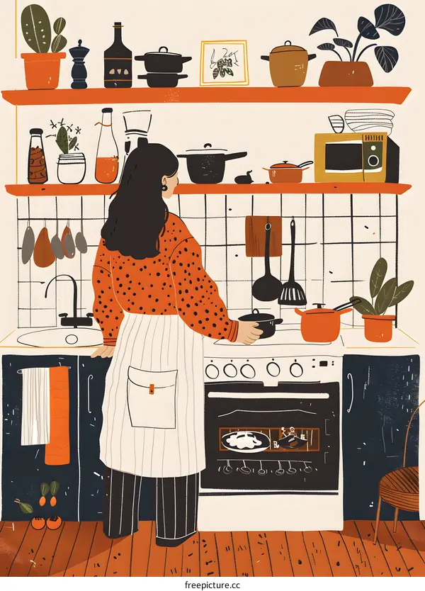 Woman Cooking in a Kitchen with Red and Orange Accents